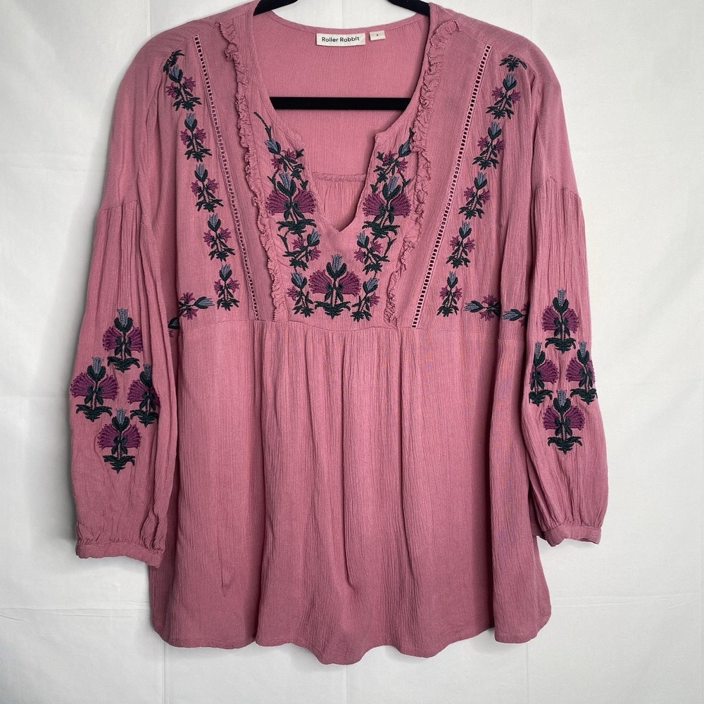 Roller Rabbit Embroidered Pink Boho Peasant floral‎ Blouse Gauze Sz S